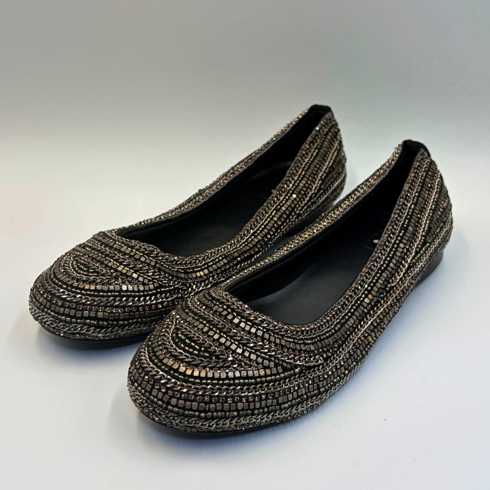 Gossip Embellished Ballet Flats Gunmetal Beaded Shoes Womens 38 / 7.5 Bling Chic
